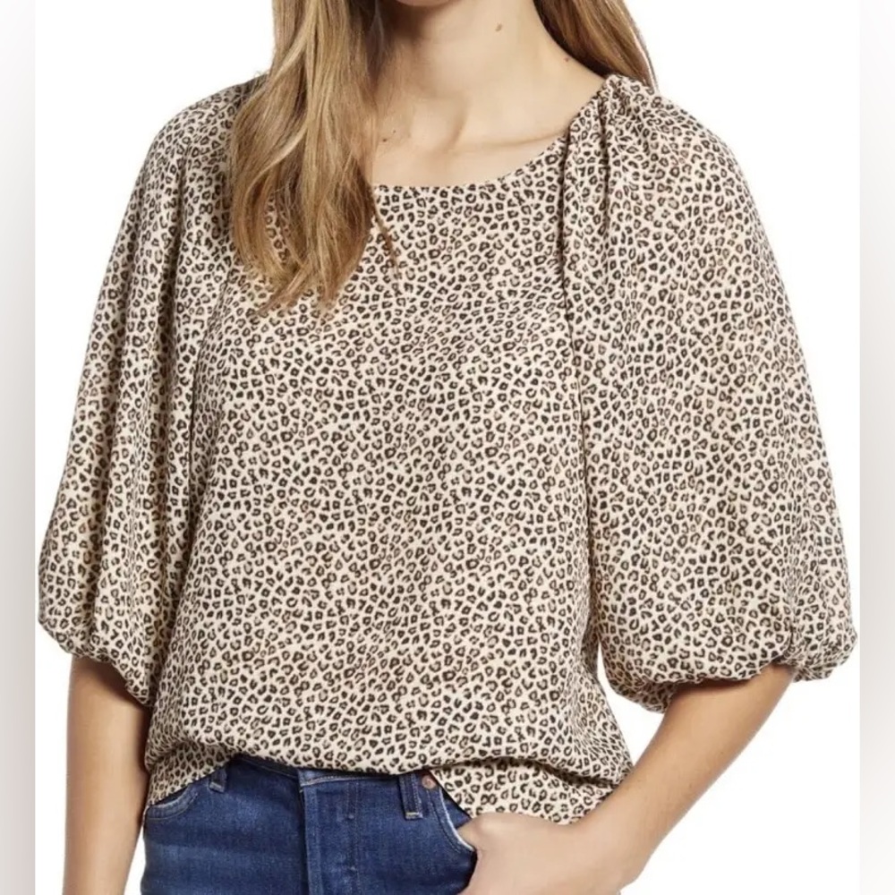 Bobeau | Women’s Tan/Black Leopard Print 1/2 Length Puff Sleeve Pullover Top S